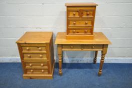A PINE DESK, with two frieze drawers, on turned legs, width 92cm x depth 50cm x height 77cm, a two