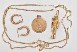 A SMALL ASSORTMENT OF YELLOW METAL, to include a St Christopher pendant, a pair of hoop earrings,