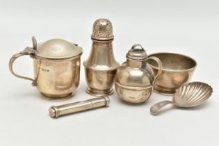 A THREE PIECE CONDIMENT SET AND OTHER ITEMS, condiments including a pepperette, mustard and salt,