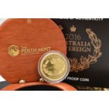 THE PERTH MINT AUSTRALIA 2016 GOLD PROOF SOVEREIGN ($25) COIN, .916.7 fine, 7.988 gram, 22.6mm, 1,