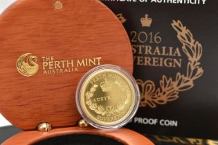 THE PERTH MINT AUSTRALIA 2016 GOLD PROOF SOVEREIGN ($25) COIN, .916.7 fine, 7.988 gram, 22.6mm, 1,