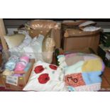 FIVE BOXES OF CUSHIONS, KNITTING WOOL, A PAIR OF KNITTING NEEDLES, KNITTED BLANKET, ETC, the