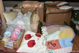FIVE BOXES OF CUSHIONS, KNITTING WOOL, A PAIR OF KNITTING NEEDLES, KNITTED BLANKET, ETC, the