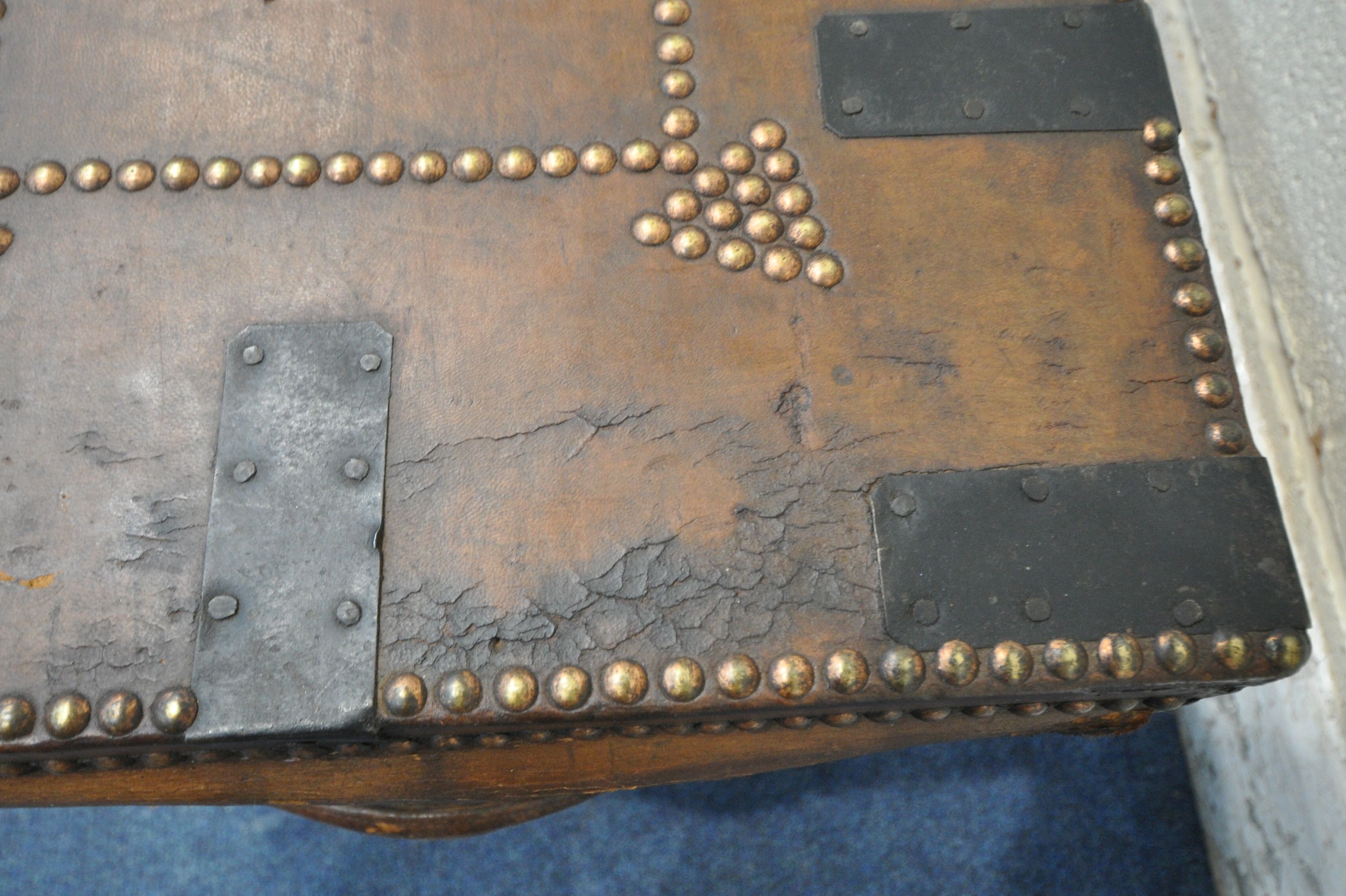 A VICTORIAN TANNED LEATHER TRUNK, with metal banding, twin leather handles and studded details, - Image 6 of 7