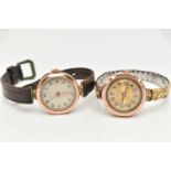 TWO EARLY TO MID 20TH CENTURY LADIES 9CT GOLD WRISTWATCHES, the first manual wind, round silver