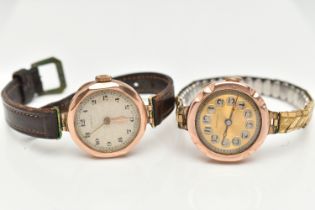 TWO EARLY TO MID 20TH CENTURY LADIES 9CT GOLD WRISTWATCHES, the first manual wind, round silver