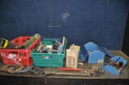 A METAL TOOLBOX AND TWO TRAYS CONTAINING TOOLS including a Record 18 Stillson, a 600mm Stillson, a