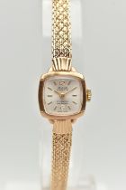 A LADIES 9CT GOLD 'AVIA' WRISTWATCH, manual wind, square silver dial signed 'Avia Cadette, 17 jewels