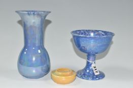 THREE PIECES OF LUSTRE GLAZED RUSKIN POTTERY, comprising a yellow glazed stamp wetter, impressed '
