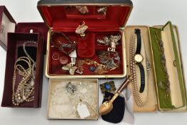 A BOX OF ASSORTED JEWELLERY, to include a silver and sapphire cluster ring, hallmarked Birmingham,