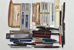 A BOX OF ASSORTED PENS AND PENCILS, to include a boxed white metal, engine turned pattern