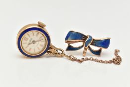 A FOB WATCH AND FOB BROOCH, the first a yellow metal and blue enamel hand wound watch, round dial
