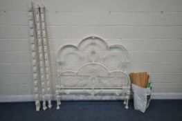 A WHITE PAINTED WROUGHT IRON 4FT6 BEDSTEAD, with side rails and slats (condition report: general