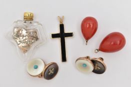 FOUR ITEMS, to include a 9ct gold onyx set cross pendant, a pair of dyed coral drops, an antique