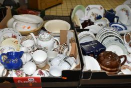THREE BOXES OF TEAWARES, to include two ceramic chamber pots, a large vintage Green & Co. Ltd '