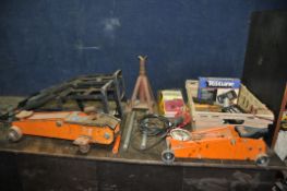 A COLLECTION OF AUTOMOTIVE TOOLS including car ramps, an axle stand, a Powerite trolley jack, a