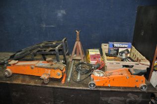 A COLLECTION OF AUTOMOTIVE TOOLS including car ramps, an axle stand, a Powerite trolley jack, a