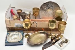 A BOX OF ASSORTED WHITE METAL WARE, to include a circular tray, brass goblets, goblets, pewter