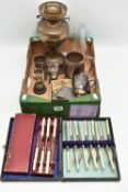 A BOX OF ASSORTED ITEMS, to include a small silver trophy cup rubbed hallmark, approximate gross