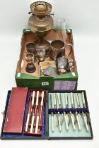 A BOX OF ASSORTED ITEMS, to include a small silver trophy cup rubbed hallmark, approximate gross