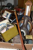 TWO BOXES OF MISCELLANEOUS AND COLLECTABLES, to include a leather seated shooting stick, an antler