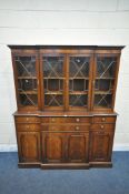 A REPRODUCTION MAHOGANY BREAKFRONT SECRETAIRE BOOKCASE, the top section fitted with four astragal