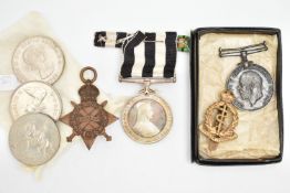 A SMALL ASSORTMENT OF MEDALS AND COINS, to include a Victorian Order of St John medal and ribbon,