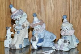 THREE LLADRO PIERROT FIGURES, comprising Pierrot with Puppy no 5277, sculptor Jose Puche, issued