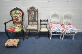 A SELECTION OF VARIOUS CHAIRS, to include a Victorian style open armchair, with later floral
