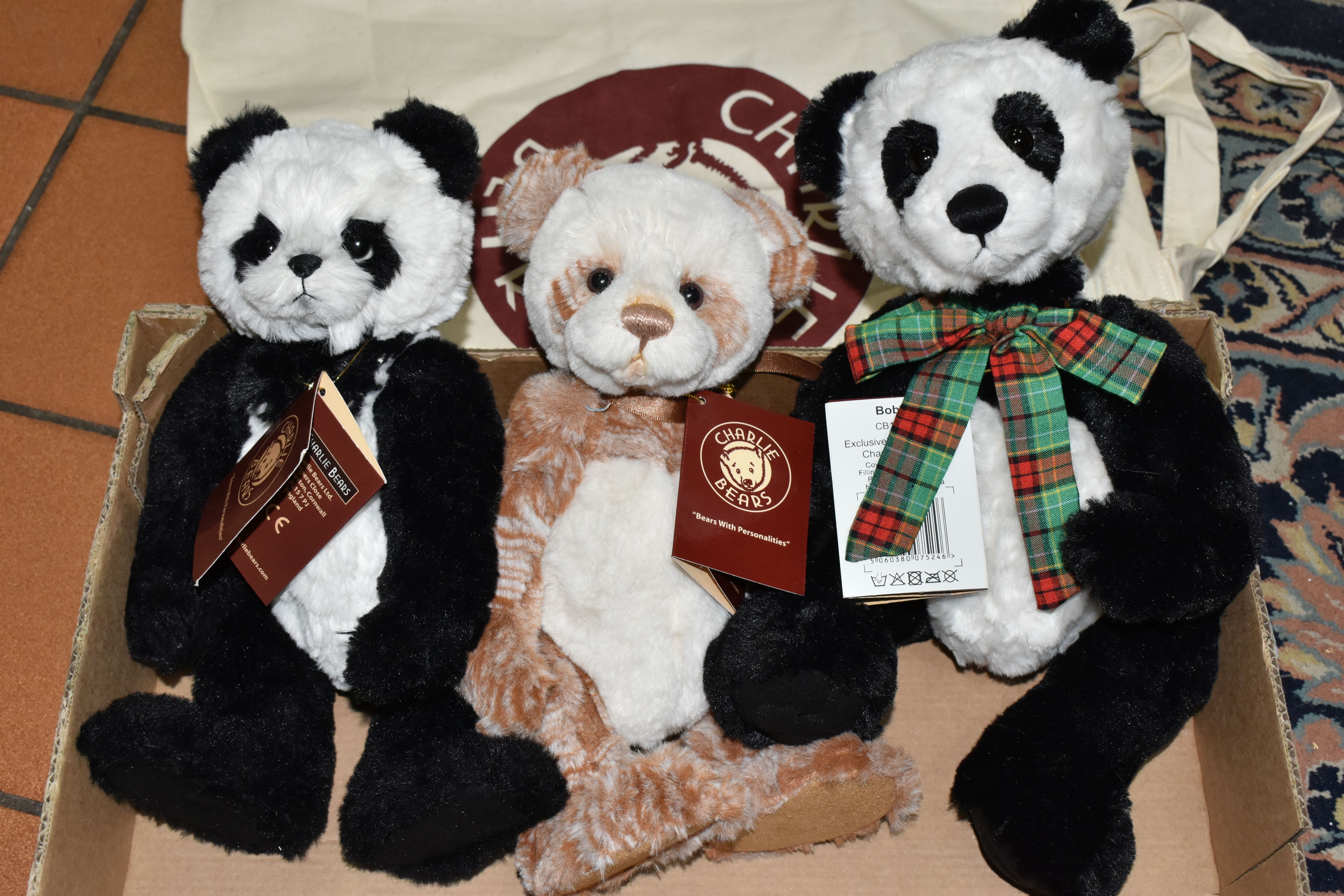 THREE CHARLIE BEARS AND A CHARLIE BEAR BAG, the bears comprising 'Liddy' (CB161648A), 'Jago' (