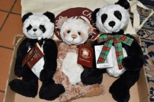 THREE CHARLIE BEARS AND A CHARLIE BEAR BAG, the bears comprising 'Liddy' (CB161648A), 'Jago' (