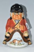 A COVERED HUNTSMAN TOBY JUG, depicting huntsman in the saddle, below which a fox is painted, the