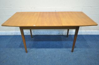 A MID CENTURY TEAK EXTENDING DINING TABLE, with a single fold out leaf, extended length 167cm x