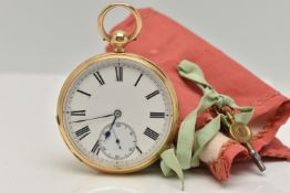 A LATE VICTORIAN, 18CT GOLD OPEN FACE POCKET WATCH, key wound, round Roman numeral white dial,