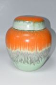 A LARGE SHELLEY HARMONY WARE GINGER JAR AND COVER, with orange and grey dripped bands on a pale