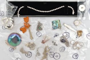 A SELECTION OF SILVER AND WHITE METAL JEWELLERY, to include a diamond line bracelet, stamped total