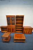 A SELECTION OF YEW WOOD FURNITURE, to include an open bookcase, width 80cm x depth 32cm x height