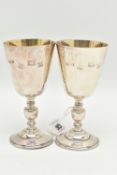 A PAIR OF ELIZABETH II SILVER GOBLETS, tapered design with engraved crest, stamped '672 1972',