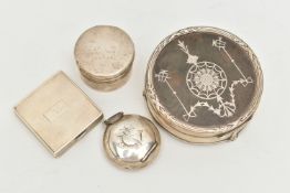 TWO SILVER COMPACTS, A SILVER ASPREY PILL BOX AND A PIQUE TORTOISESHELL TRINKET BOX, to include a