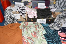SIX BOXES OF WOMEN'S CLOTHING, to include a quantity of tops, sweater, jumpers, cardigans, and