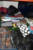 THREE BOXES OF HANDBAGS AND THREE SMALL SUITCASES, over twenty handbags of assorted colours, maker's