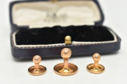 A BOXED SET OF THREE YELLOW METAL DRESS STUDS, each with a decorative ball terminal to the
