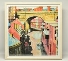 PETER COLLINS (BRITISH 1938-) 'UNDER THE ARCH TO THE QUAYSIDE', a view of Dean Street in Newcastle