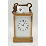 A FRENCH BRASS REPEATER CARRIAGE CLOCK, white Roman numeral dial, blue steel hands, five glass