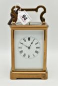 A FRENCH BRASS REPEATER CARRIAGE CLOCK, white Roman numeral dial, blue steel hands, five glass