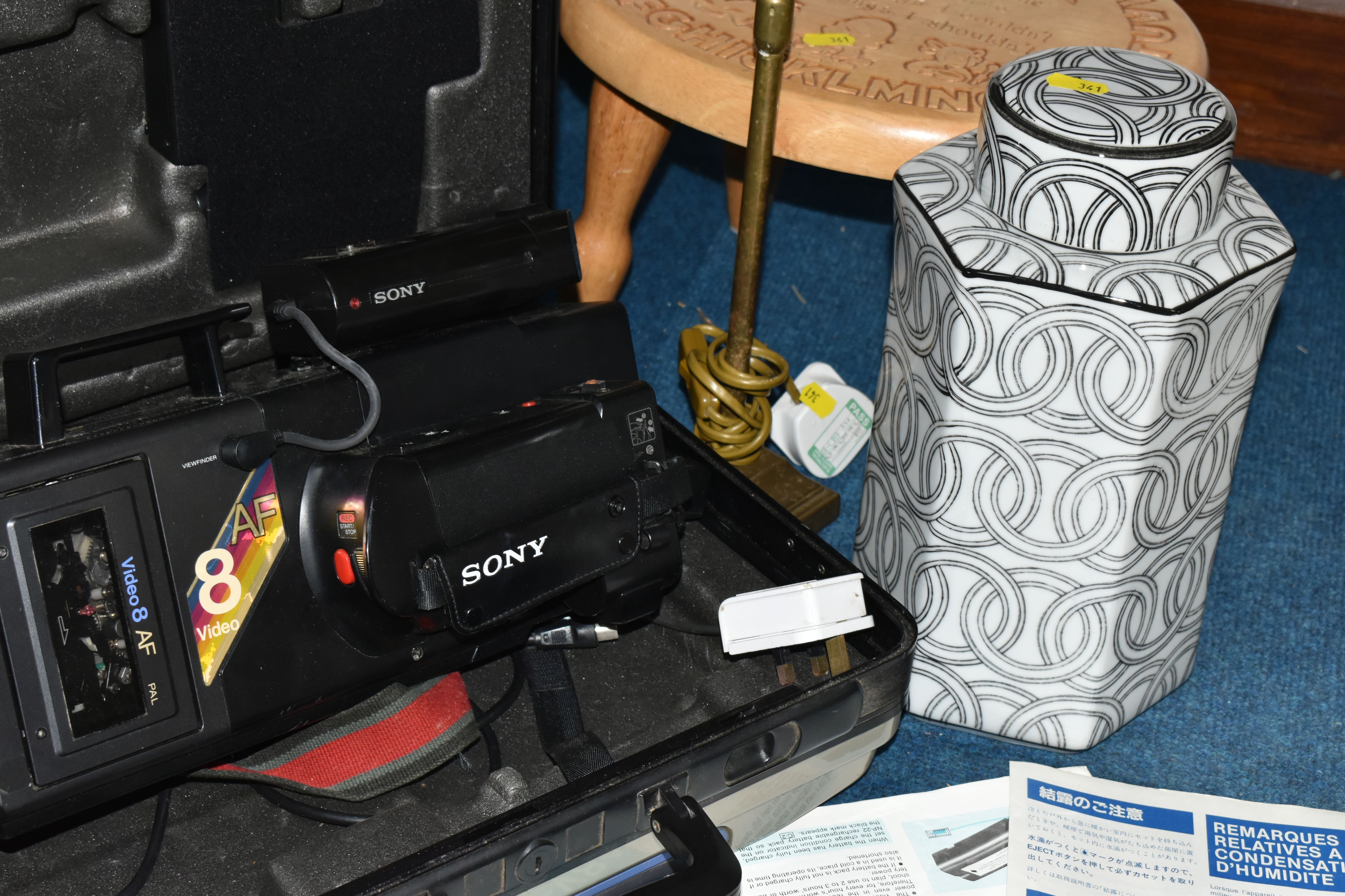 A GROUP OF MISCELLANEOUS SUNDRIES, comprising a wooden nursery stool, a cased Sony Video 8 film - Image 3 of 6
