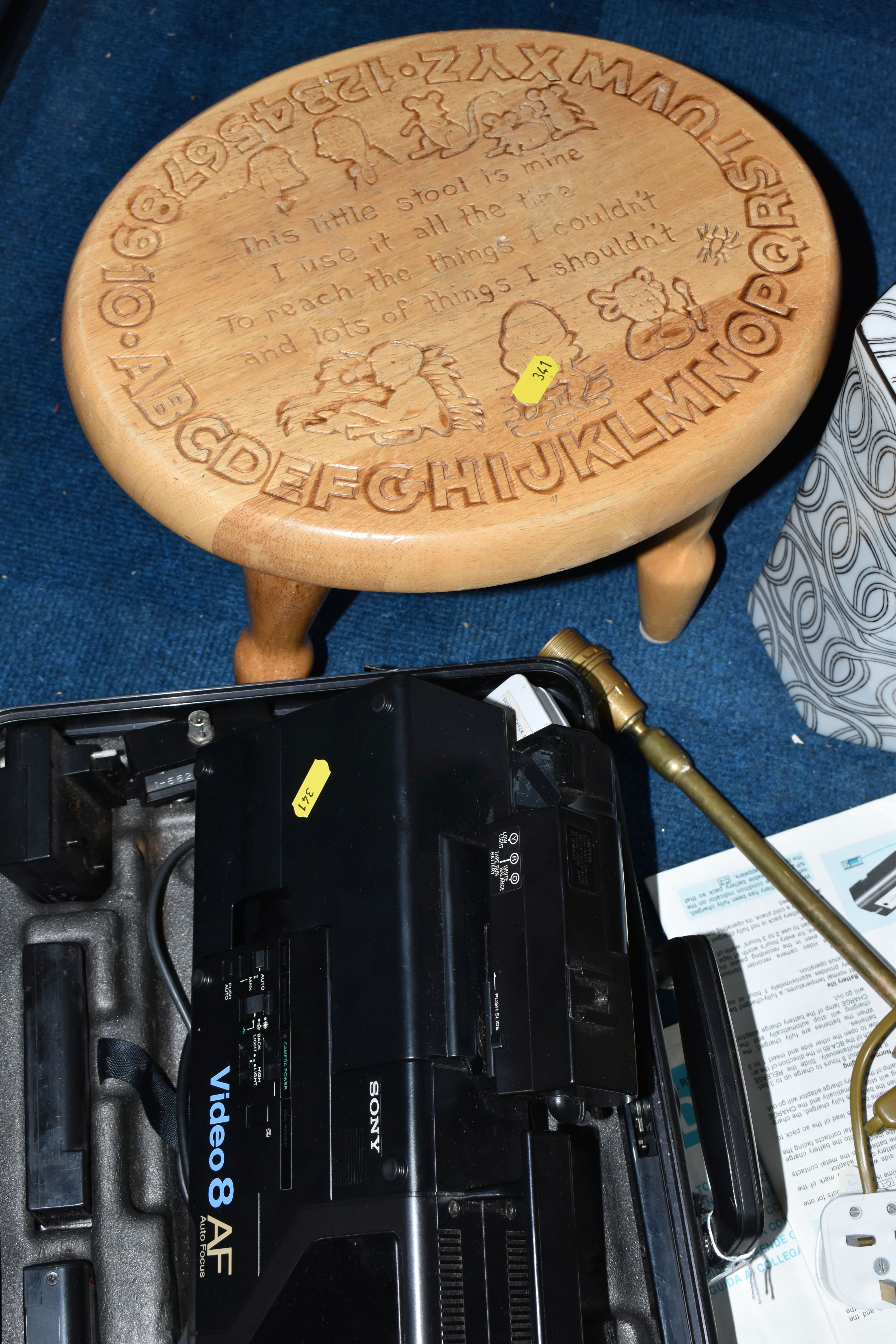 A GROUP OF MISCELLANEOUS SUNDRIES, comprising a wooden nursery stool, a cased Sony Video 8 film - Image 6 of 6