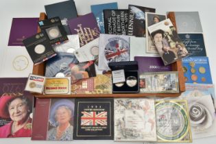 A CARDBOARD BOX OF MAINLY ROYAL MINT UK COINAGE, to include The Last Proof coin set of 1970, Royal