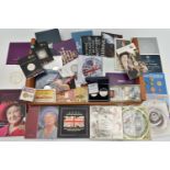 A CARDBOARD BOX OF MAINLY ROYAL MINT UK COINAGE, to include The Last Proof coin set of 1970, Royal