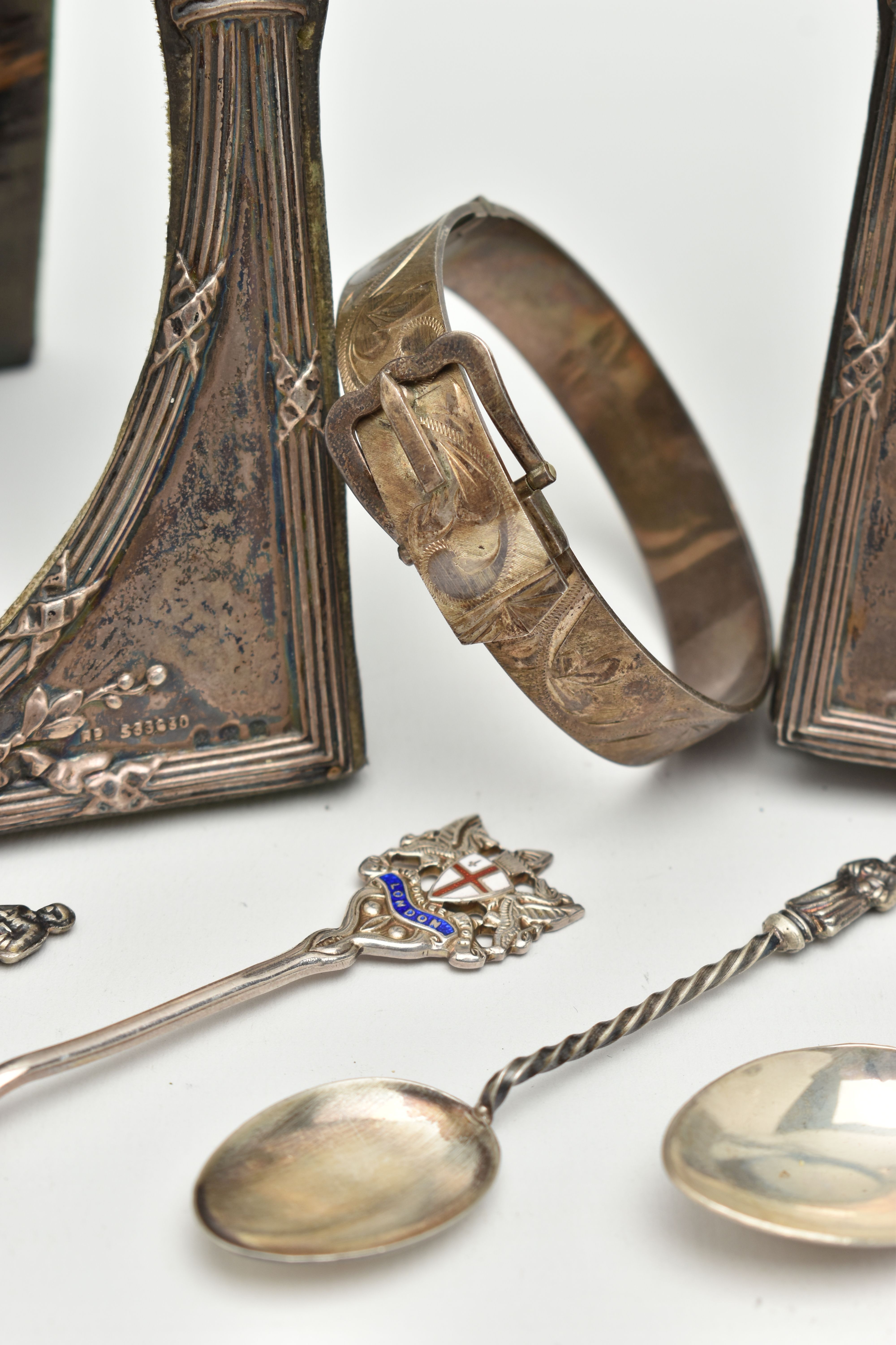 TWO SILVER PHOTO FRAMES, A SILVER BANGLE AND TEASPOONS, two early 20th century - Image 5 of 6